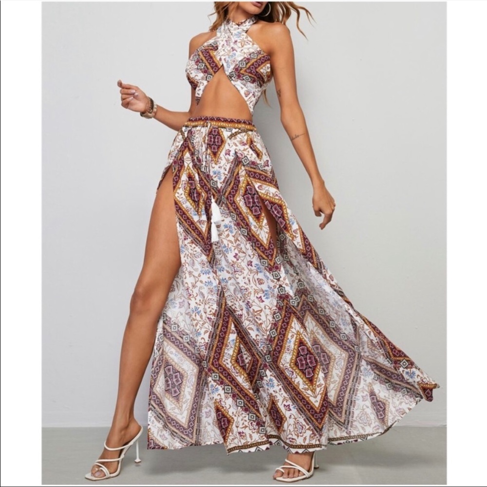 Bohemian Floral Print Tropical Crop Top Maxi Skirt Set XS S M L